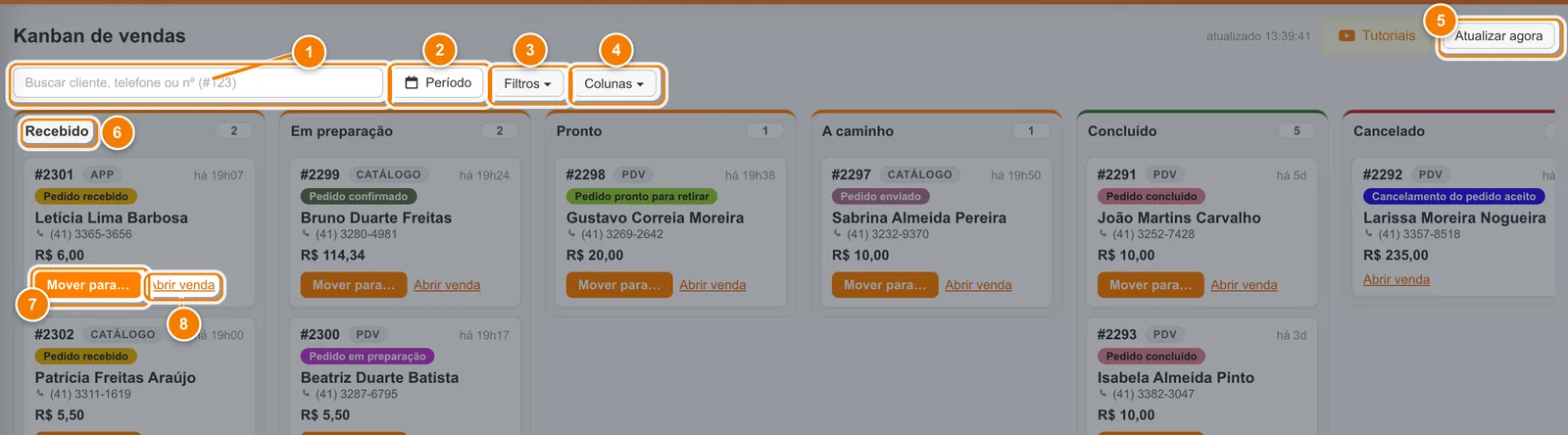 Quadro Kanban de vendas com o campo de busca (1), os botões Período (2), Filtros (3) e Colunas (4), o botão Atualizar agora (5), a coluna Recebido (6) e, no primeiro card, os botões Mover para (7) e Abrir venda (8).