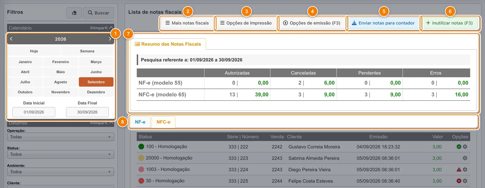 Tela Lista de notas fiscais com o calendário em Setembro (1), os botões Mais notas fiscais (2), Opções de Impressão (3), Opções de emissão (4), Enviar notas para contador (5) e Inutilizar notas (6), o Resumo das Notas Fiscais (7) e as abas NF-e e NFC-e (8).