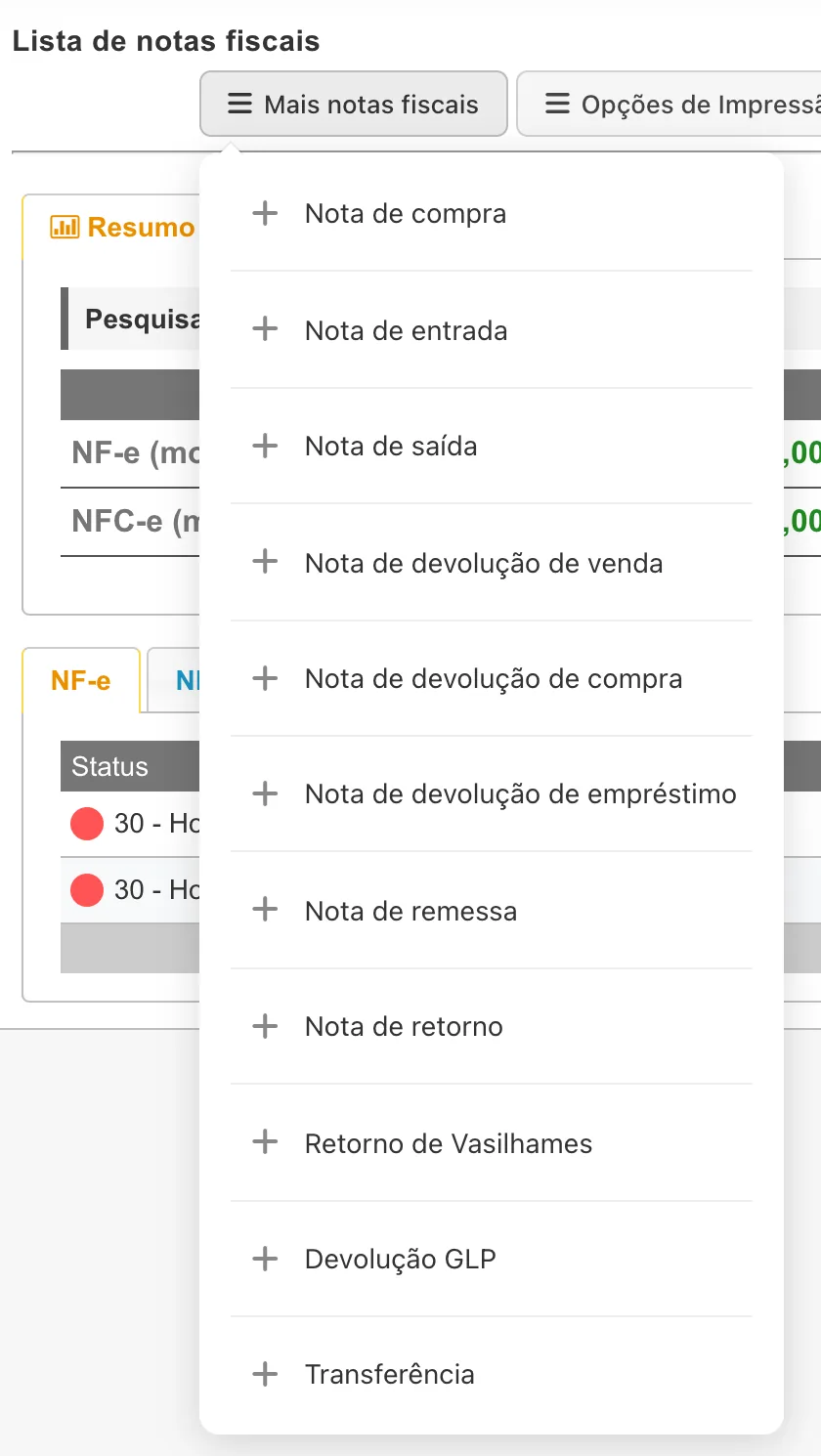 Menu Mais notas fiscais com nota de compra, entrada, saída, devoluções, remessa, retorno, vasilhames, GLP e transferência