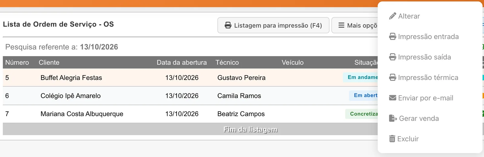 Menu da engrenagem de uma OS com Alterar, Impressão entrada, Impressão saída, Impressão térmica, Enviar por e-mail, Gerar venda e Excluir
